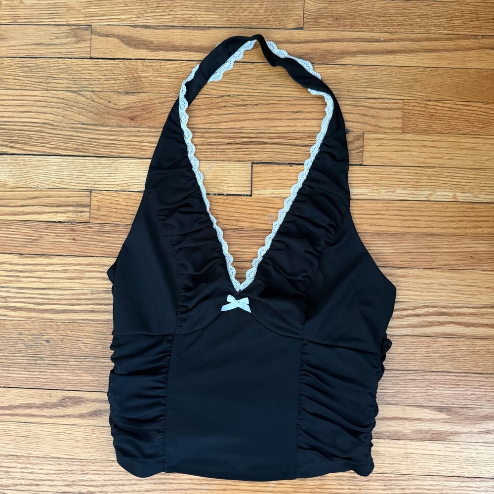 Elegant Black Halter Tank Top with Lace Trim